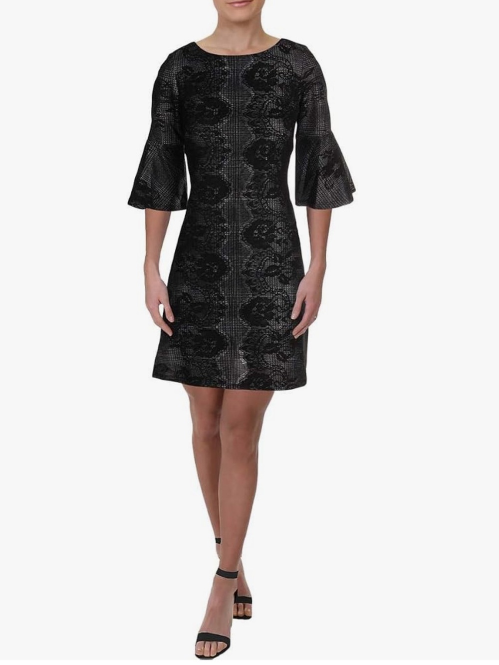 Stunning Gabby Skye B&W with hint of green lace shift dress w/ bell sleeves 14